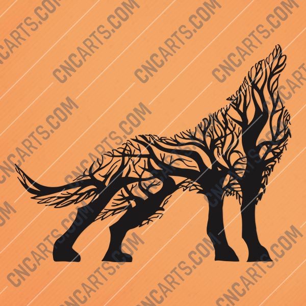 Wolf with tree Vector Design file - DXF SVG EPS AI CDR