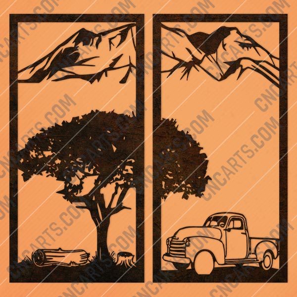 Tree with mountain decal and car vector design files - DXF SVG EPS AI CDR