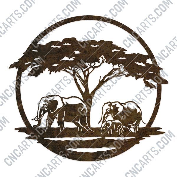 Elephant family walking towards a water - DXF SVG EPS AI CDR